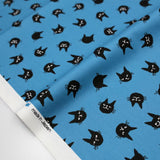 Hishiei Cats Faces 3 Cotton Canvas Oxford - Blue - 50cm