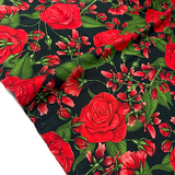 Euroknit Roses Cotton Jersey Knit - Black - Half yard