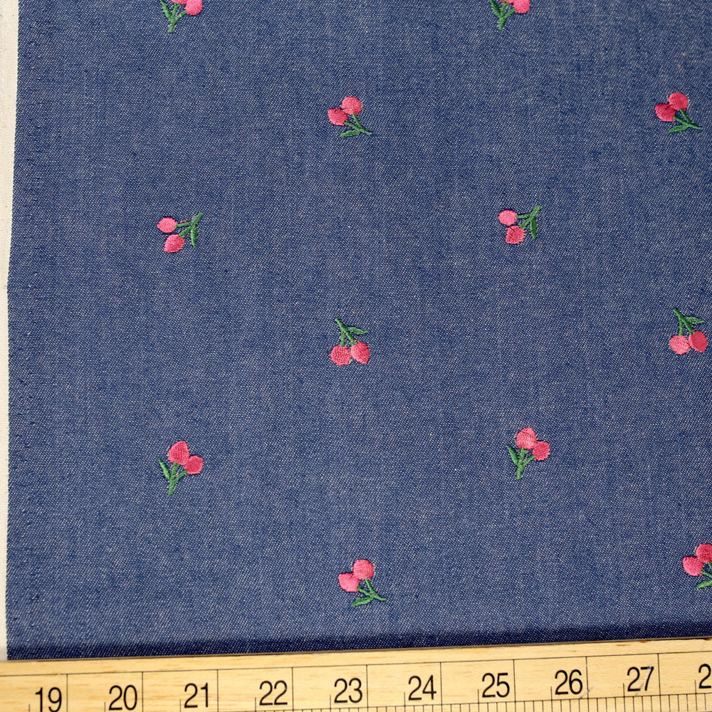 Remnant - Kokochi Embroidered Cherry Yarn Dyed Cotton Denim - Pink - 1.8m