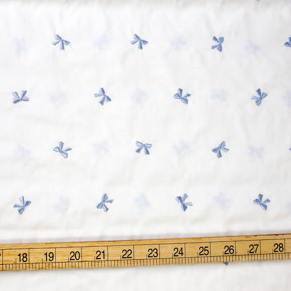 Remnant - Kokochi Embroidered Ribbon Washer Finish Cotton Broad - Beige Blue - 1m
