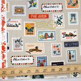 Cotton + Steel Rifle Paper Co Bon Voyage Postage Stamps Canvas - Beige Metallic - Half Yard