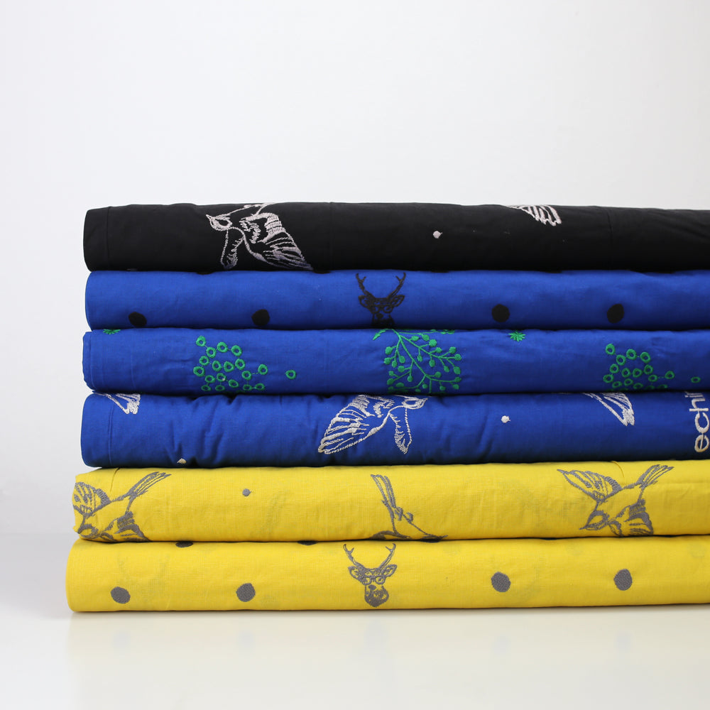 Remnant - Kokka Echino Birds Embroidered Cotton Linen Sheeting - Mustard - 2m