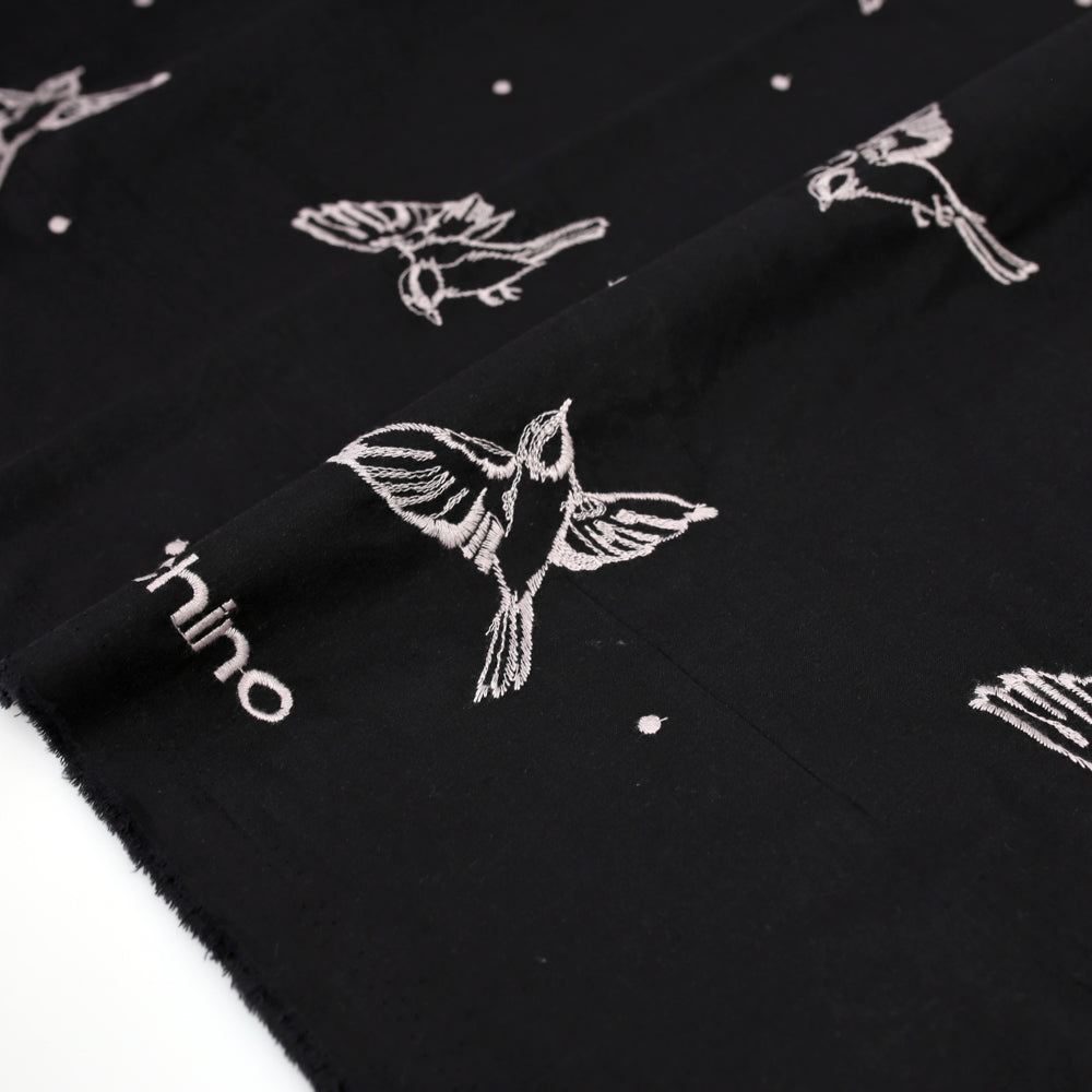 Kokka Echino Birds Embroidered Cotton Linen Sheeting - Black - 50cm