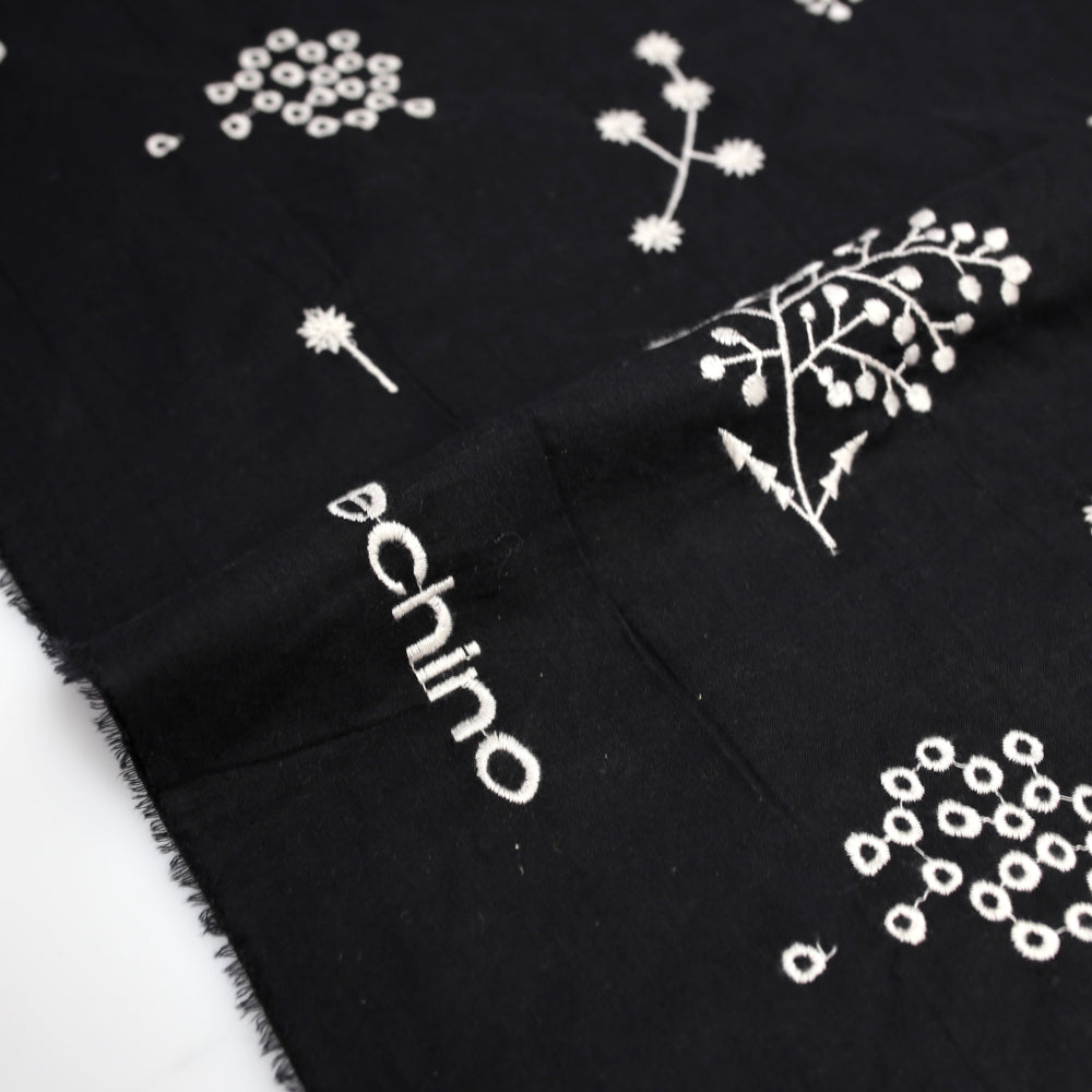 Kokka Echino Floral Embroidered Cotton Linen Sheeting - Black - 50cm