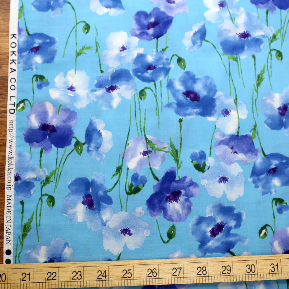 Kokka Floral 3 Large Flowers - Cotton Lawn - Ocean Blue D - 50cm