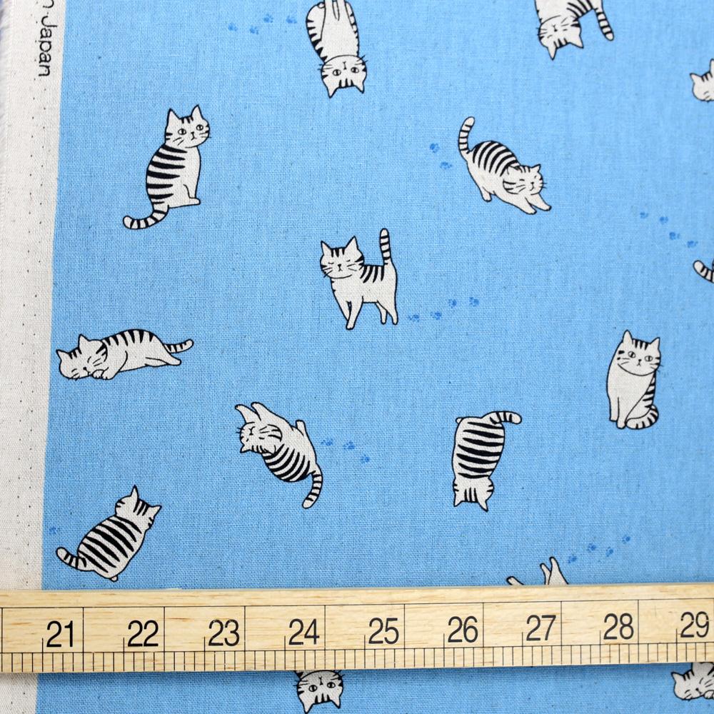 Hishiei Cats Cotton Linen Canvas  - Blue - 50cm