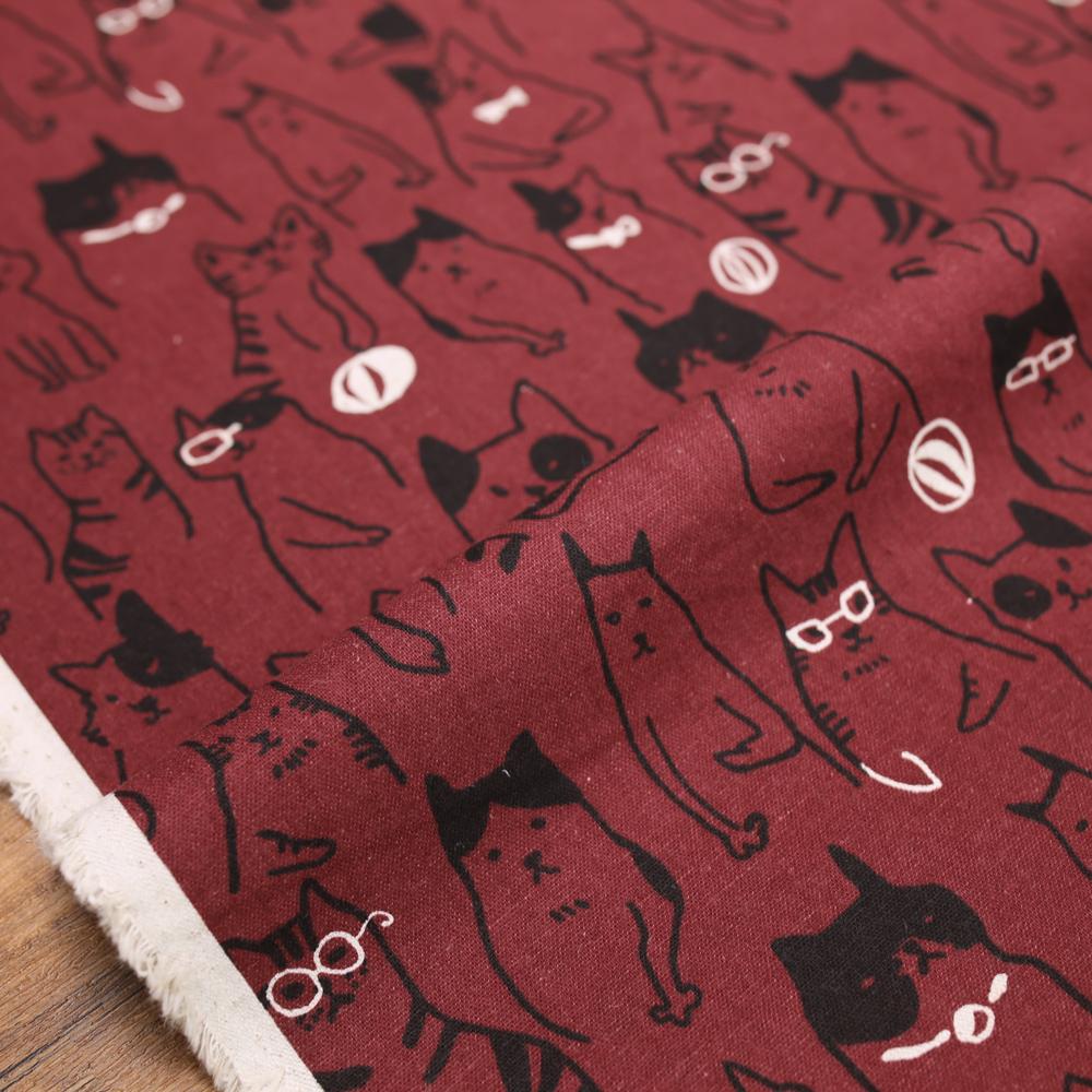 Cosmo Cats Collage - Cotton Linen Canvas - Dark Maroon - 50cm