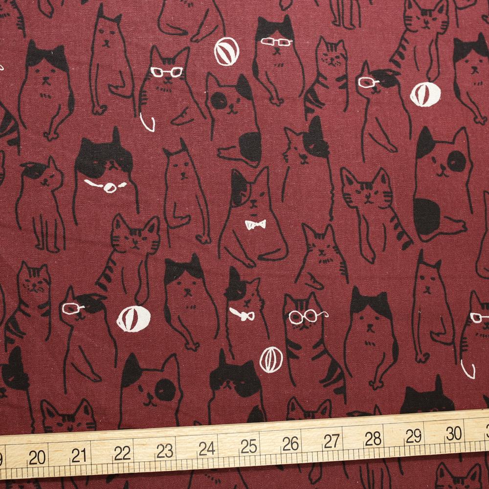 Cosmo Cats Collage - Cotton Linen Canvas - Dark Maroon - 50cm