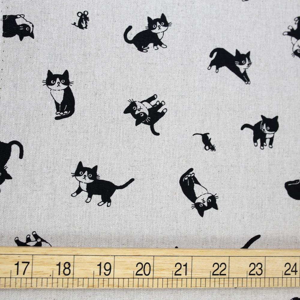 Hishiei Black Cats Cotton Linen Canvas - Beige - 50cm