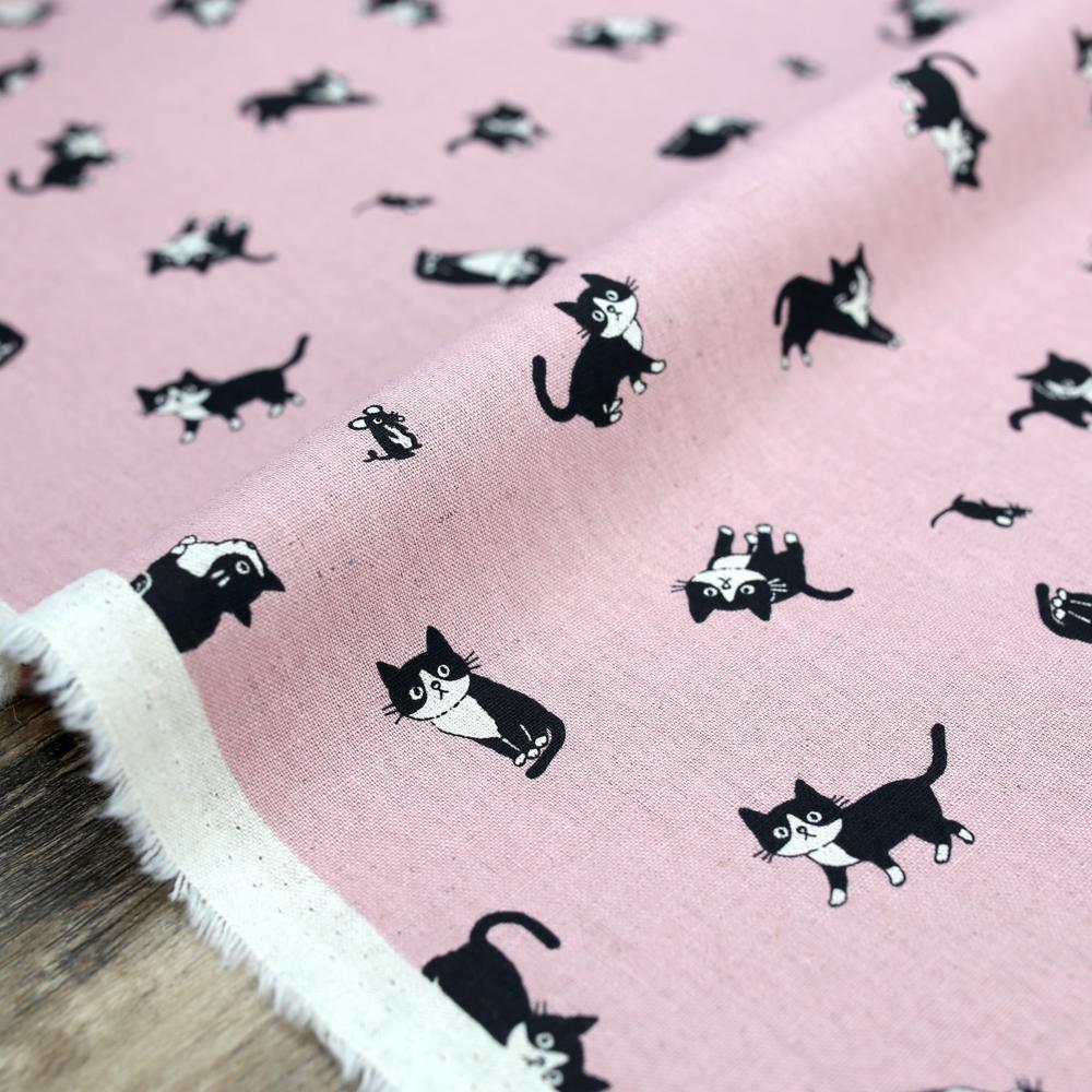 Hishiei Black Cats Cotton Linen Canvas - Pink - 50cm