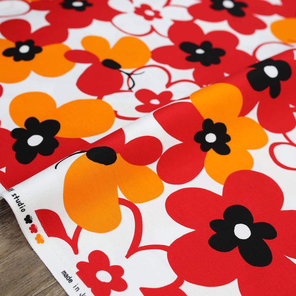 Hishiei Large Floral Cotton Canvas Oxford - Red Orange - 50cm