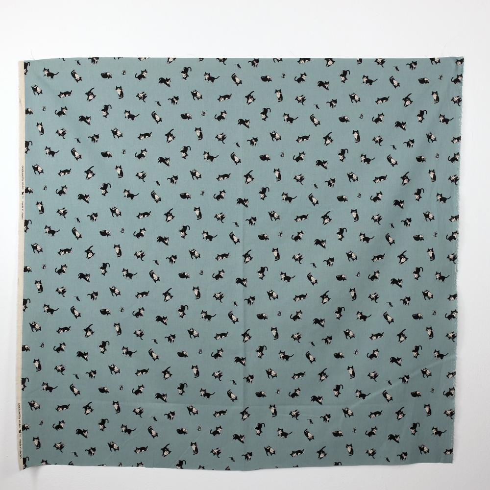 Hishiei Black Cats Cotton Linen Canvas - Blue - 50cm