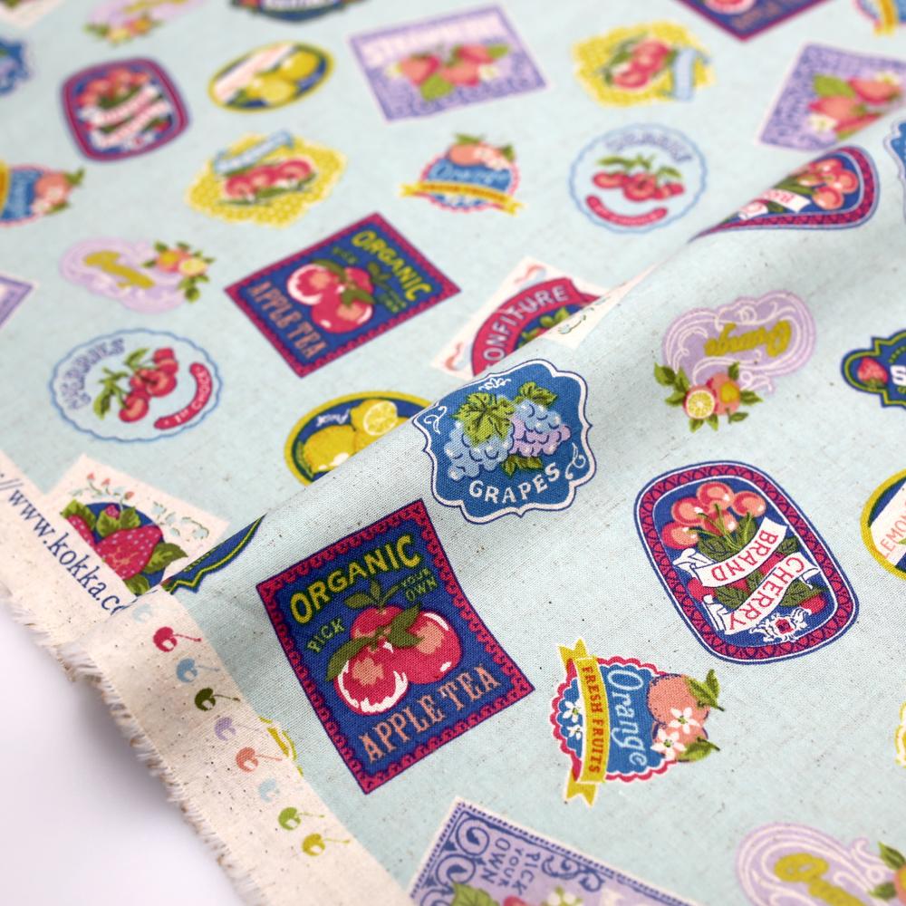 Kokka Vintage Labels Collage Cotton Linen Sheeting - Mint - 50cm