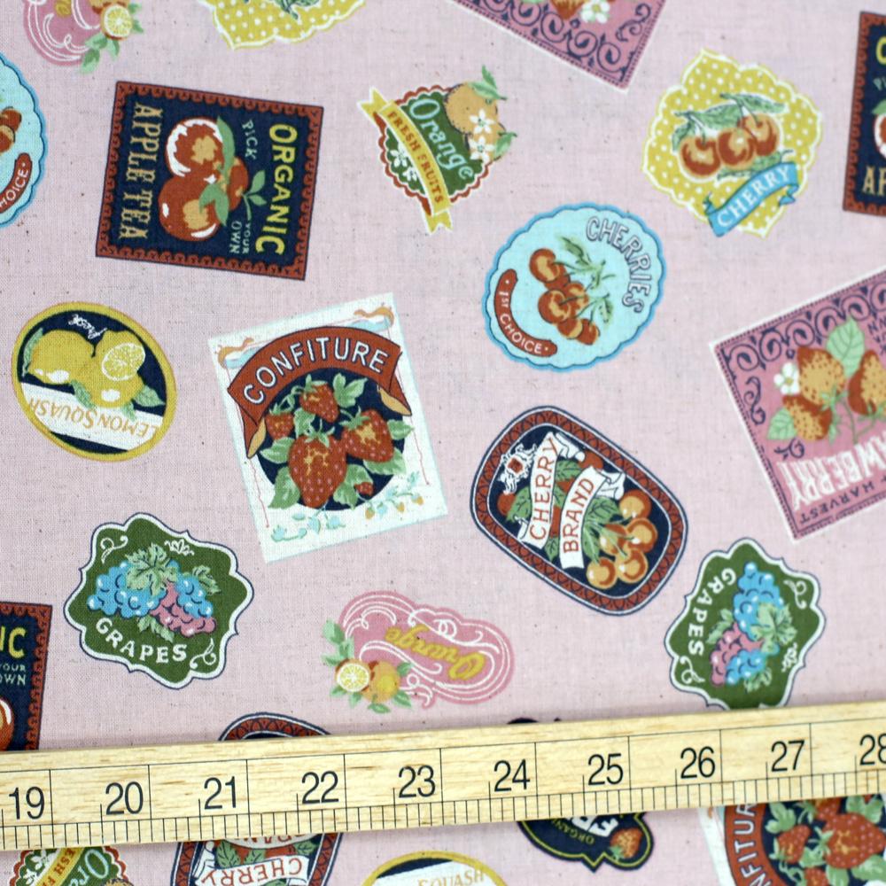 Kokka Vintage Labels Collage Cotton Linen Sheeting - Pink - 50cm