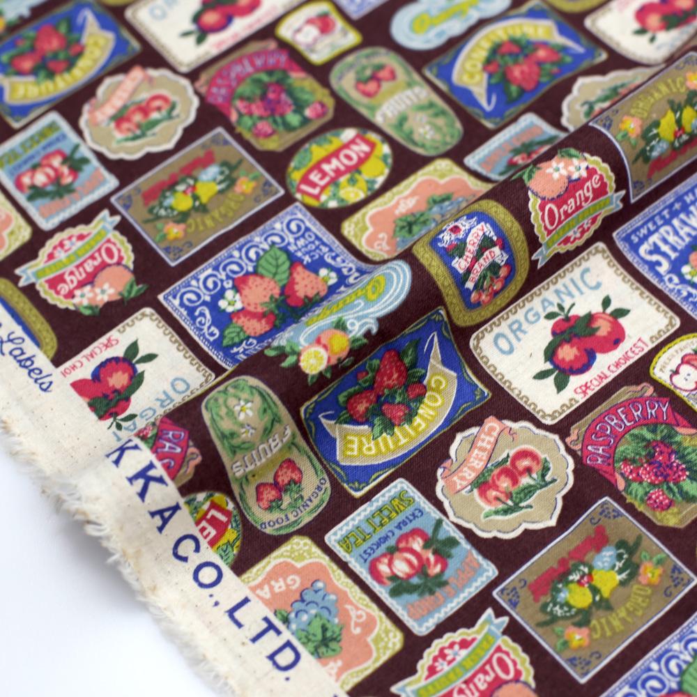 Kokka Vintage Labels Blocks Cotton Linen Sheeting - Maroon - 50cm