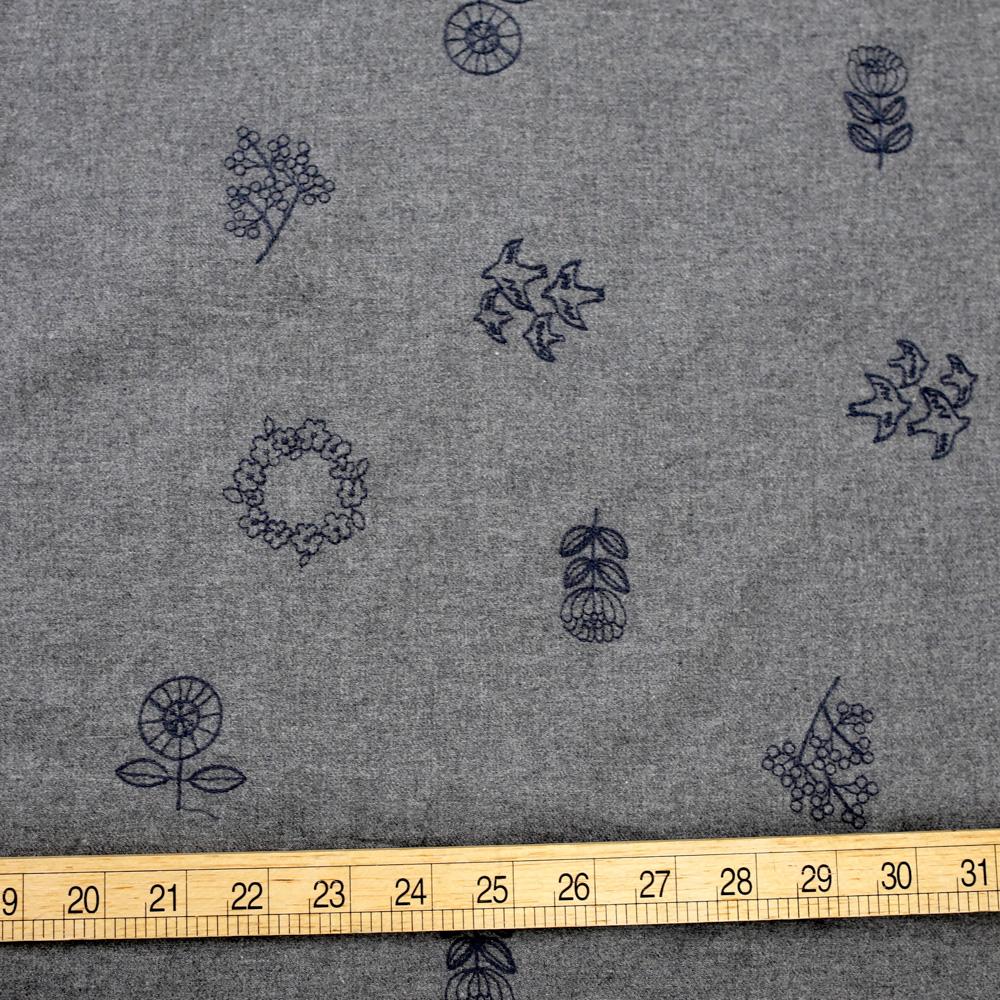 Kokka Embroidered Floral A Brushed Cotton Viera - Dark Grey - 50cm