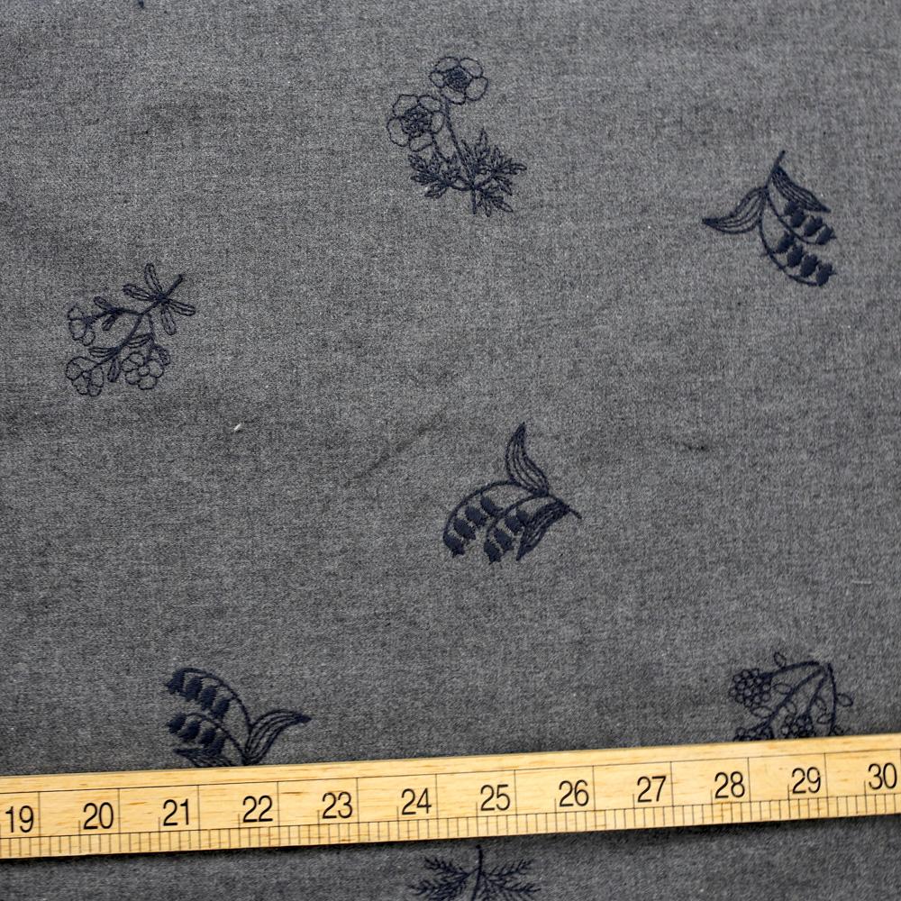 Remnant - Kokka Embroidered Floral B Brushed Cotton Viera - Dark Grey - 1m